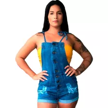 Macaquinho Jeans Short Feminino Alça Regulável Barra Feita