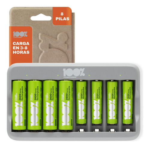 Cargador Pilas Recargables Aa Y Aaa 100%peakpower, Carga Super Rápida 2-6 Horas, 8 Ranuras, Incluye 8 Pilas Recargables, 4 Pilas Aa Y 4 Aaa (pre-cargadas), Puerto Usb