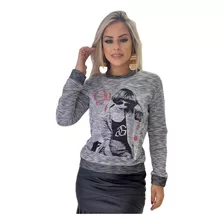 Blusa Feminina Malha Moletom Meia Estação Manga Longa