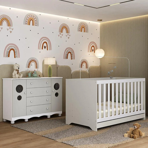 Berço Americano 3 Em 1 Com Cômoda 2 Portas 4 Gavetas Suspiro Multimóveis Mp4714 Branco/off White