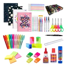 Kit Escolar Feminino Com Caderno 10 Materias 24 Itens