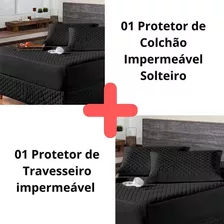 Kit Protetor Colchão Impermeável Solteiro + Capa Travesse Cor Preto