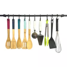 Barral 60 Cm Negro Para Accesorios De Cocina Y 10 Ganchos