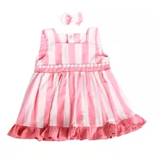 Vestido Infantil Para Bebê Menina Listrado Com Faixa 2pc 