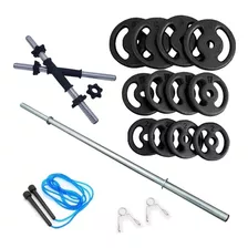 Kit 40kg Anilhas+2 Barras 40cm Com Rosca+1 Barra 120cm+corda