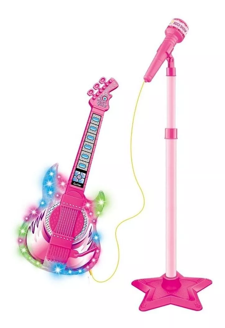 Guitarra Com Microfone De Brinquedo Rosa Infantil Luz E Som