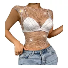 Cropped Feminino Transparente Redinha Vazado Strass Brilho 