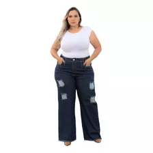 Calça Wide Leg Jeans Feminina Plus Size Elegante 46 Ao 60