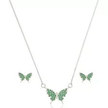 Conjunto Colar E Brinco Borboleta Verde Em Prata 925