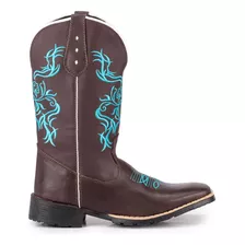 Bota Texana Feminina Country Bico Quadrado Tribal Azul