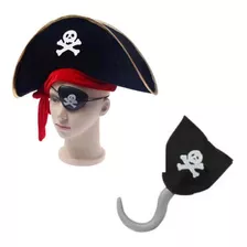 Chapéu Pirata + Tapa Olho + Gancho Esqueleto Festas Fantasia