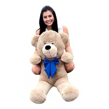 Urso Teddy Gigante Pelúcia Com Laço 1,10m Cores Antialérgico Cor Avelã / Azul