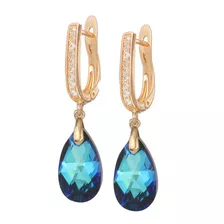 Elegantes Aretes Largos De Gotas De Cristales Swarovski En Oro Lamin 18k