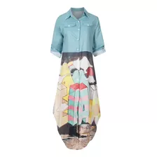 Vestido Feminino, Moderno, Casual, Estampado De Lapela, Botã