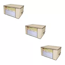 3 Caixas Organizadoras Roupa Coberta 60x45x30cm Anti Mofo Cor Bege
