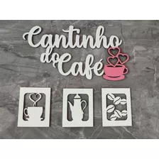 Placa Cantinho Do Café Mdf Branco E Rosa 4 Peças Kit 
