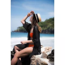 Salida De Playa Kimono Largo Color Negro Modelo Ynes