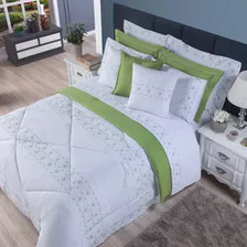 Kit Luxo Damasco Enxoval Cama Queen 11 Peças Cor Branco/verde