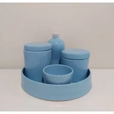 Kit Higiene Bebê Porcelana Azul 05 Peças Bandeja Redonda