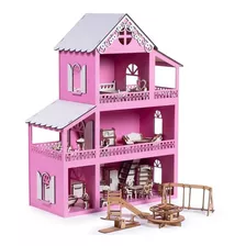 Casinha De Boneca Polly Mdf+36 Móveis Branco+parquinho+ Nome