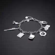 Pulsera Plata 925 Con Dijes Calculadora, Lapicera, Contador