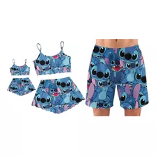 Kit Pijama Família Stitch Curto Adulto Baby Doll Short Filha