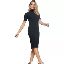 Vestido Tubinho Preto Canelado Com Gola Alta