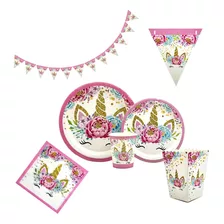 Set Platos, Vasos, Servilletas, Banderin Unicornio Chic 