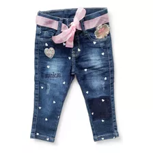 Calça Jeans Infantil Menina Estilosa Azul Aço Estampada 123