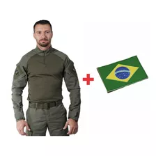 Combat Shirt Masc./ Verde+ Patch Bandeira Do Brasil Brinde