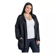 Jaqueta Plus Size Microtel Alongada Preta Tamanhos Grandes