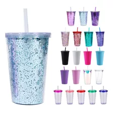 Paquete Mayoreo Vaso Glitter Con Popote