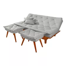 Sofa Cama Caribe Em Courino Couro Sintetico + Duas Banquetas Cor Gelo