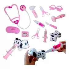 Kit Veterinário Médico Infantil Com Luz E Som 12 Peças Fenix Cor Rosa