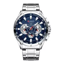 Relógio Masculino Curren 8363 Azul Pulseira Aço Original Cor Da Correia Prateado