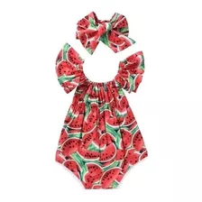  Roupa Jardineira Romper Bebe Menina Melancia C Tiara Mesve