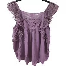 Blusa Manga Corta Color Violeta Viscosa C/encaje Aéropostal