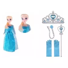 Kit Elsa Frozen Boneca Musical + Fantasia Luva Coroa Cabelo