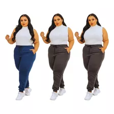 Kit 3 Calça Moletom Feminina Plus Size Flanelada G1 G2 G3 