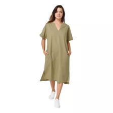 Vestido Mujer Lino Largo Con Bolsillos Importado