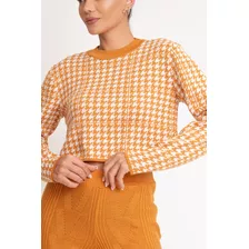 Suéter Cropped Tricô Jacquard Feminino 