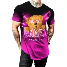 Camiseta Masculina Camisa Longline Oversized Rosa Shock Urso