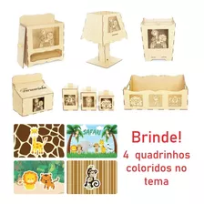  Kit Higiene Bebê Safari 8 Peças Mdf Cru + Brinde Promoção