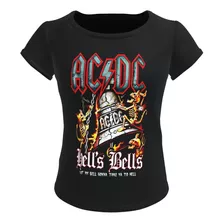 Camiseta Blusa Preta Feminina Baby Look Acdc Hells Bells