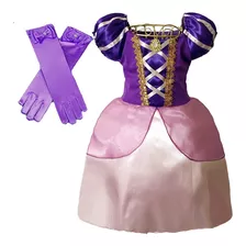 Vestido Princesa Infantil Midi Roxo Luxo Menina Par De Luvas