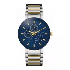 Reloj Bulova Classic Day Date Original Hombre Time Square Color De La Correa Plateado/dorado Color Del Bisel Azul Color Del Fondo Azul