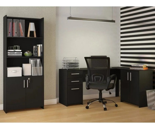 Conjunto 2 Peças Com Mesa Para Escritório Em L E Armário Preto Tx