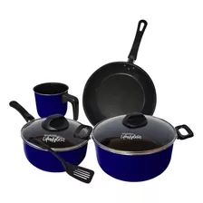 Bateria De Cocina 7 Piezas Azul Guadix Teflon Tapa Vidrio