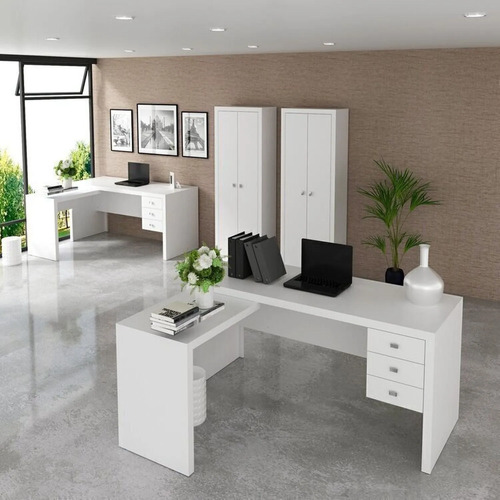 Conjunto 4 Peças Com 2 Mesas Escritório Em L E 2 Wt Branco