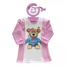 Vestido Manga Longa Feminino Infantil Rosa C/urso Trick Nick